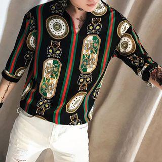 Open Placket Patterned Elbow-sleeve Shirt (various Designs)
