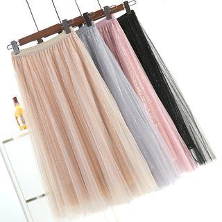 Sequined Mesh Overlay Midi Skirt