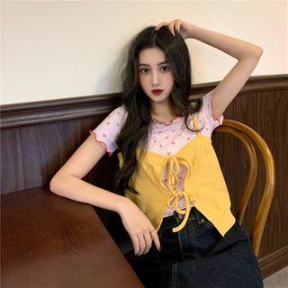 Short-sleeve Cherry Printed Top / Plain Camisole
