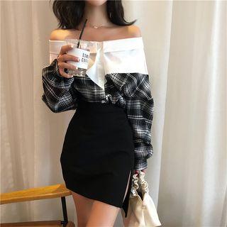 Off-shoulder Long-sleeve Top / Pencil Skirt