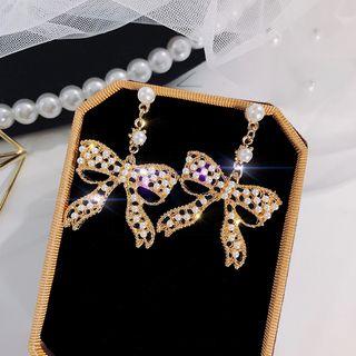 925 Sterling Silver Faux Pearl Bow Dangle Earring E1128 - Gold - One Size