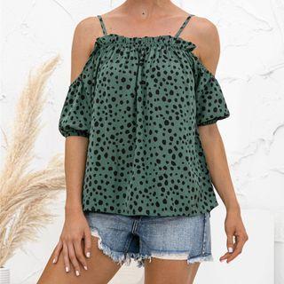 Dot Print Ruffled-trim Short-sleeve T-shirt
