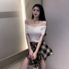 Off-shoulder Shirred Cropped T-shirt / Tie-strap Plaid Mini A-line Skort