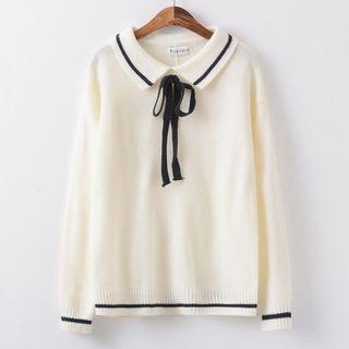 Contrast-trim Tie-neck Sweater Off-white - One Size