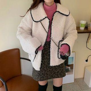 Contrast Trim Fleece Button Jacket White - One Size