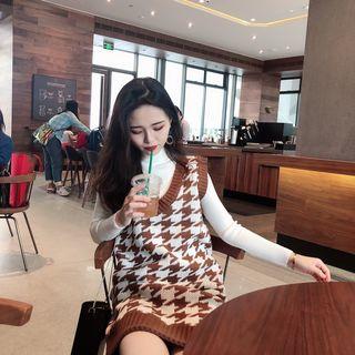 Plain Long-sleeve Slim-fit Knit Top / Houndstooth Sleeveless Dress