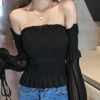 Lantern-sleeve Off-shoulder Smocked Top