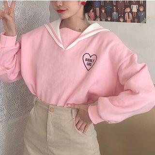 Sailor Collar Heart Embroidered Sweatshirt Pink - One Size