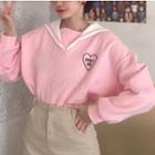 Sailor Collar Heart Embroidered Sweatshirt Pink - One Size