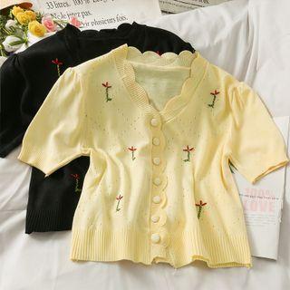 Eyelet Embroidered Button-up Knit Top