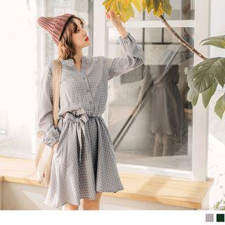 Tie-waist Long Sleeve Check Shirtdress