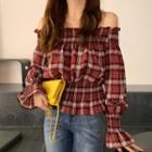 Off-shoulder Bell-sleeve Plaid Top / Boot-cut Jeans
