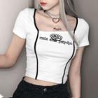 Short Sleeve Square Neck Contrast Trim Lettering Cropped Top