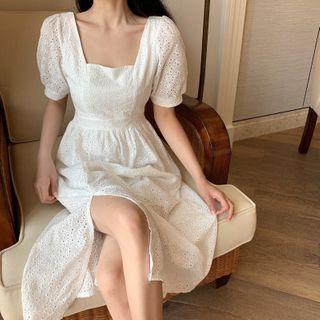 Puff-sleeve Crochet Slim Fit Dress