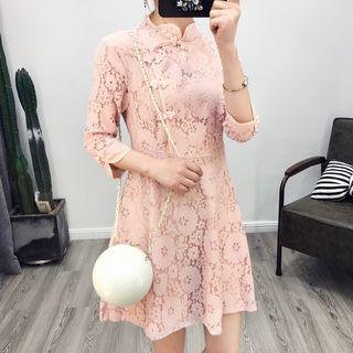 Mandarin Collar 3/4 Sleeve Lace A-line Dress