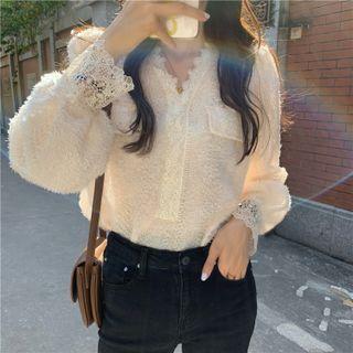 Lantern-sleeve V-neck Lace Trim Blouse White - One Size