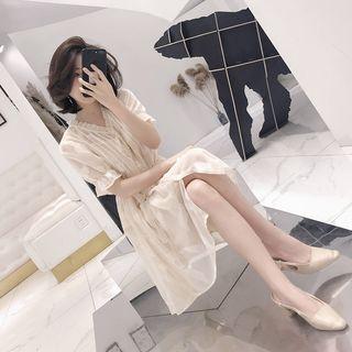 Set: V-neck Short-sleeve A-line Dress + Plain Slipdress