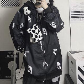 Print Zip-up Hooded Jacket Black - One Size