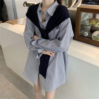 Long Sleeve Lace-up Mock Two Piece Striped Shirt