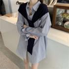 Long Sleeve Lace-up Mock Two Piece Striped Shirt