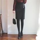 Button-frim Slit-front Pencil Skirt