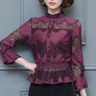 Long-sleeve Lace Panel Stand Collar Peplum Blouse