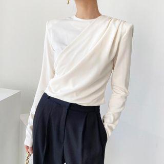 Long-sleeve Shoulder-padded Draped Blouse