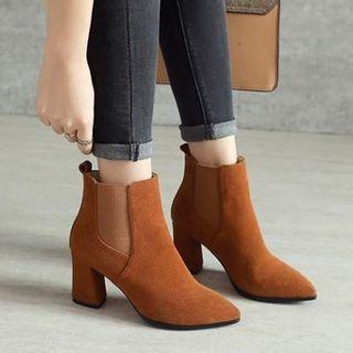 Genuine Leather Block Heel Pointed Short Boots