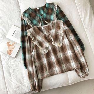 Long-sleeve Peter-pan Collar Ruffle Plaid Blouse