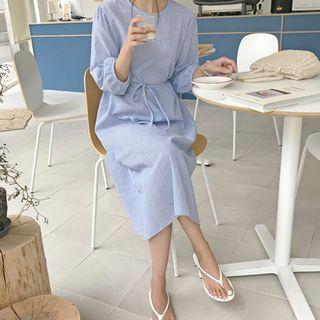 Round-neck Long Striped Dress With Sash Light Blue - One Size