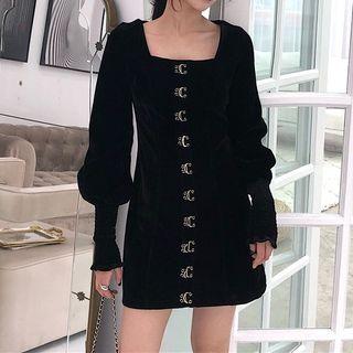 Balloon-sleeve Hook-and-eye Mini Sheath Dress