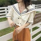 Sailor Collar Elbow-sleeve Blouse Almond - One Size