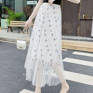 Mesh Star Print Midi A-line Skirt