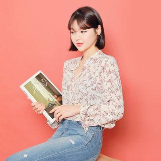 Mandarin-collar Floral Blouse