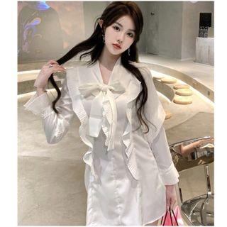 Long-sleeve Bow Ruffled Mini Sheath Dress