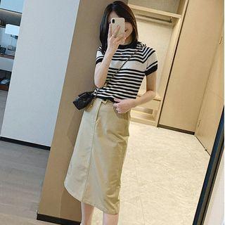 Set: Short Sleeve Striped Knit Top + Plain A-line Skirt
