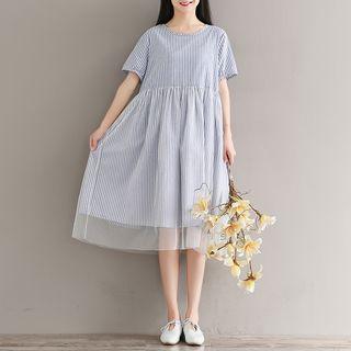 Pinstriped Mesh Overlay Short Sleeve Midi Dress