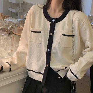 Contrast Trim Pocket-detail Long-sleeve Cropped Cardigan