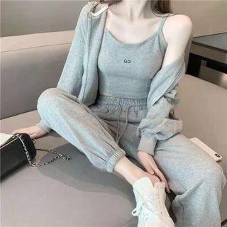 Set: Plain Zip Hooded Jacket + Lettering Camisole Top + Plain Sweatpants