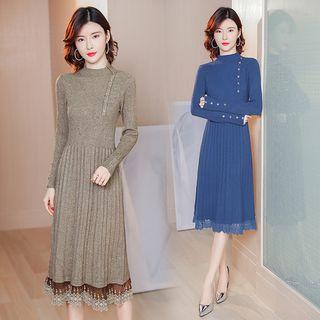 Mock-turtleneck Lace Trim Accordion Pleat Midi Dress