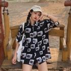 Printed Short-sleeve Loose-fit Shirt Black - One Size