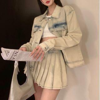 Long-sleeve Pocket Denim Jacket / High-waist Accordion Pleat Denim Mini Skirt
