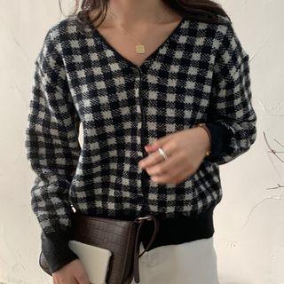 Long-sleeve V-neck Plaid Knit Cardigan