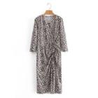 Long-sleeve Leopard Print Drawstring Slit Midi Dress