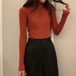 Long-sleeve Turtleneck Plain Slim Fit Ribbed Knit Top