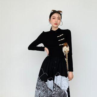 Ribbed Long-sleeve Cheongsam Top
