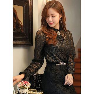 Smocked-trim Glittered Lace Top