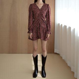Tie-cuff Drawstring Floral Dress Wine Red - One Size