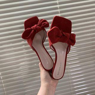 Ribbon Square-toe Chunky-heel Slide Sandals