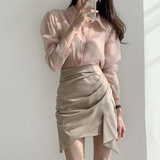 Long-sleeve Sheer Shirt / Irregular A-line Mini Skirt